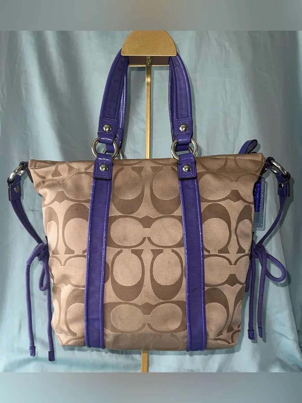 Coach F20101 Poppy Khaki and Purple Signature C Jacquard Canvas Satchel/Tote